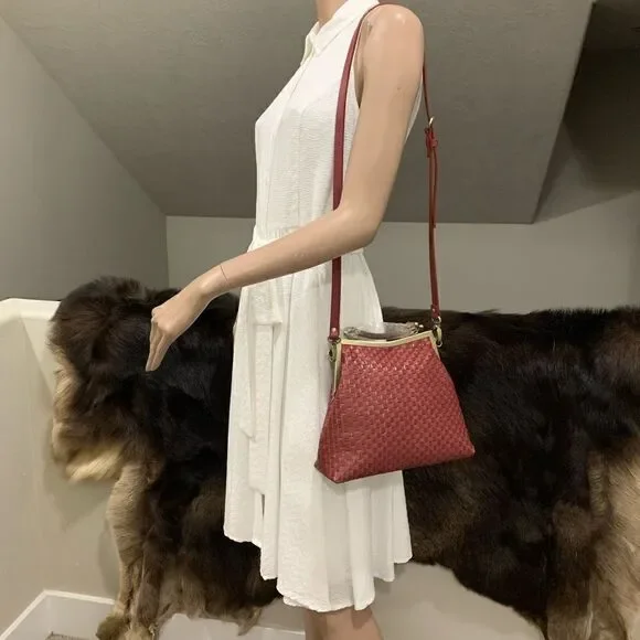 Handmade Genuine Woven Leather Double Kisslock Top Handle Bag & 2 Straps Style